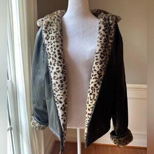 Leopard Trim Black Faux Leather Jacket